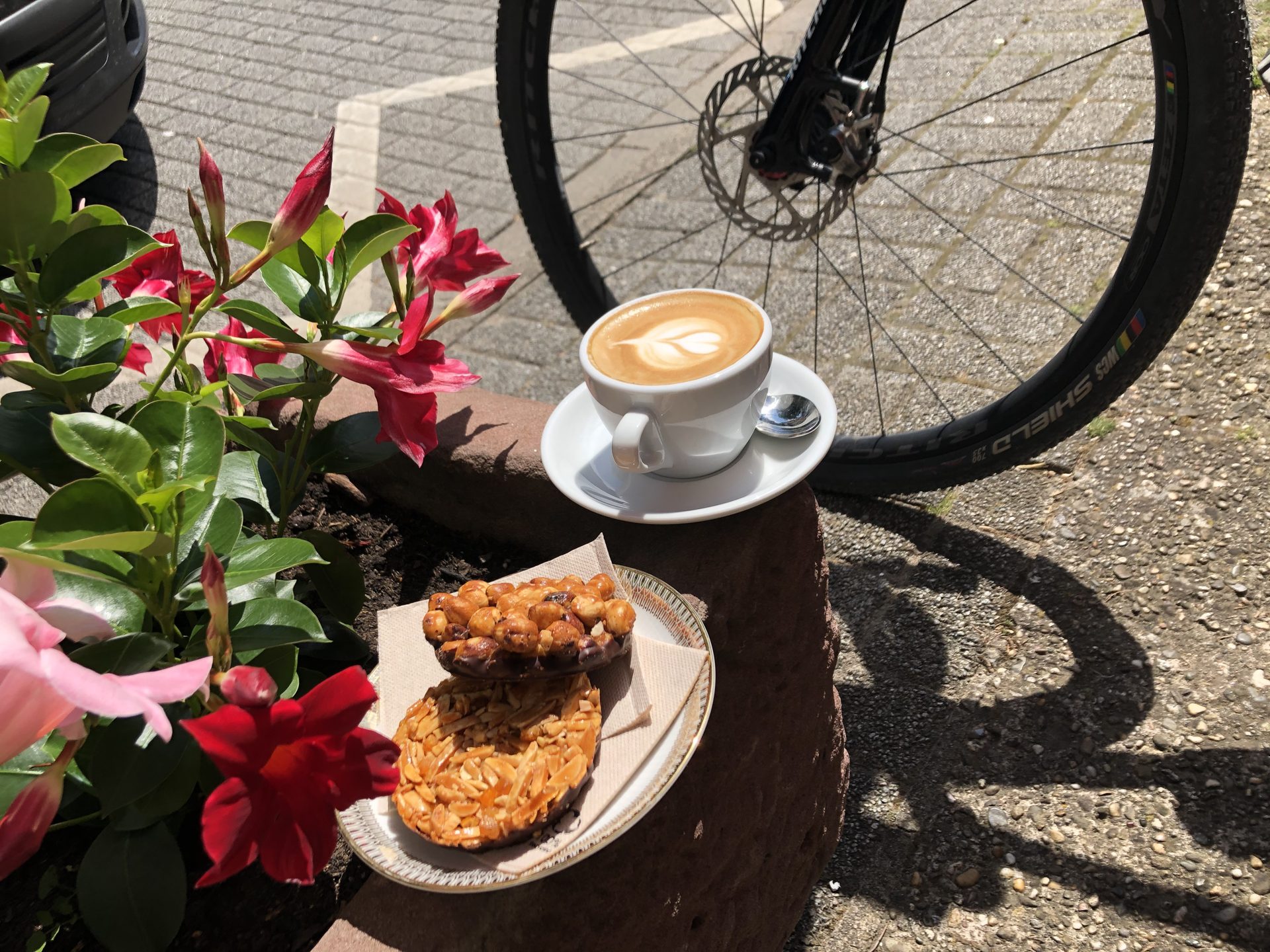Cappuccino with a heart in the foam, beside a bike wheel